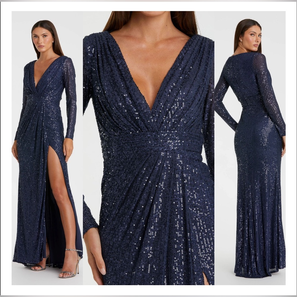 NWT Mac Duggal #26490 Navy Blue Long Sleeve Sequin Gown Midnight Blue Size 14
